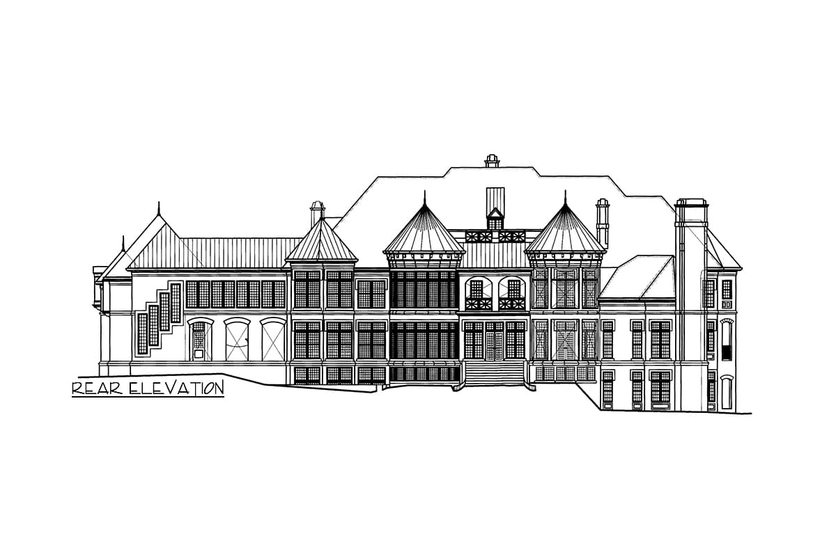 Rear elevation house plan showing multiple gables, dormers, turrets, and extensive fenestration.