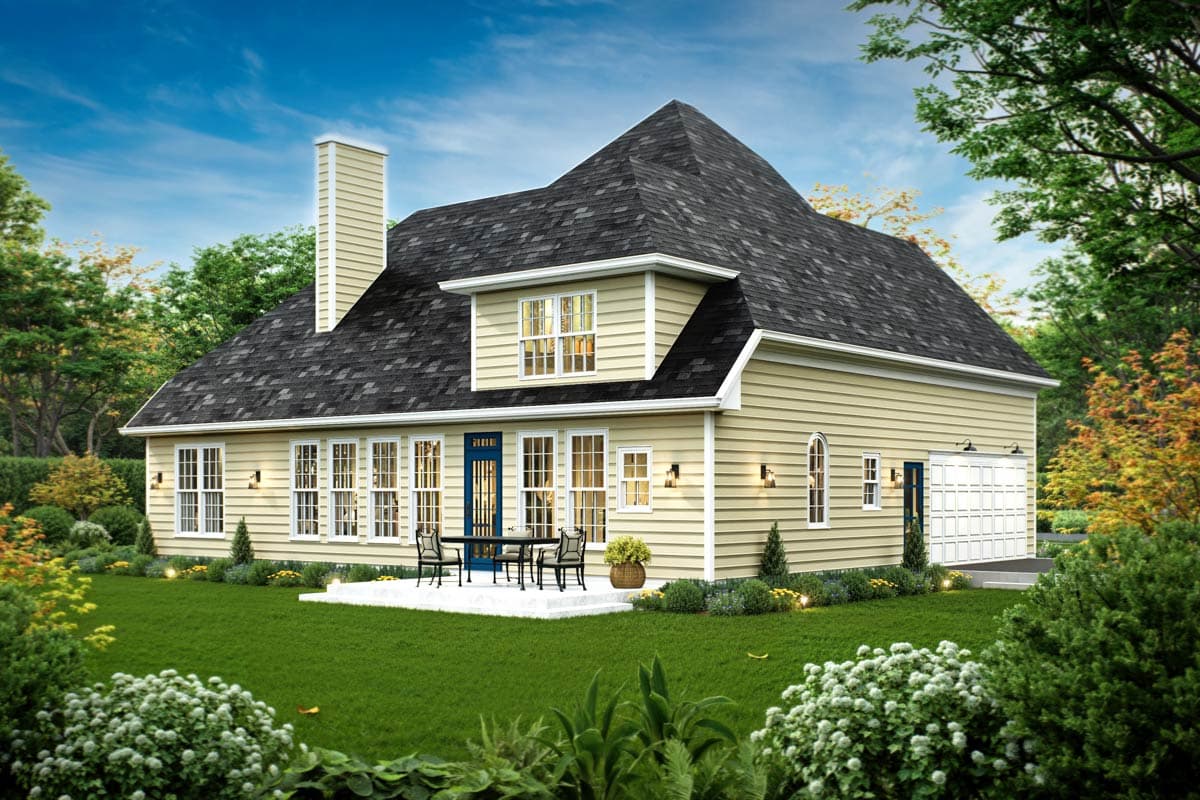 House plan exterior: Traditional style, two stories, hip roof, dormer, gabled dormer, chimney, and attached garage.
