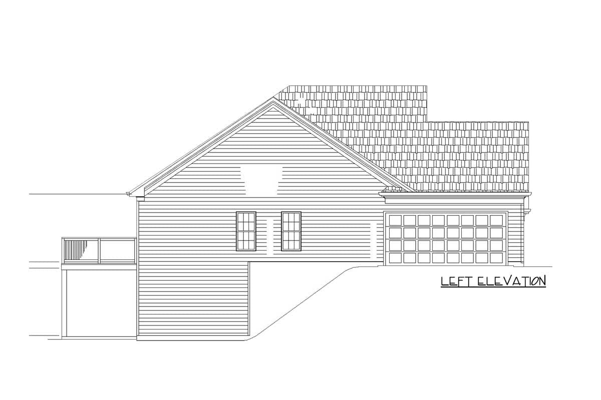 Left elevation house plan. Features vinyl siding, a gabled roof, two windows, a deck, and a two-car garage.