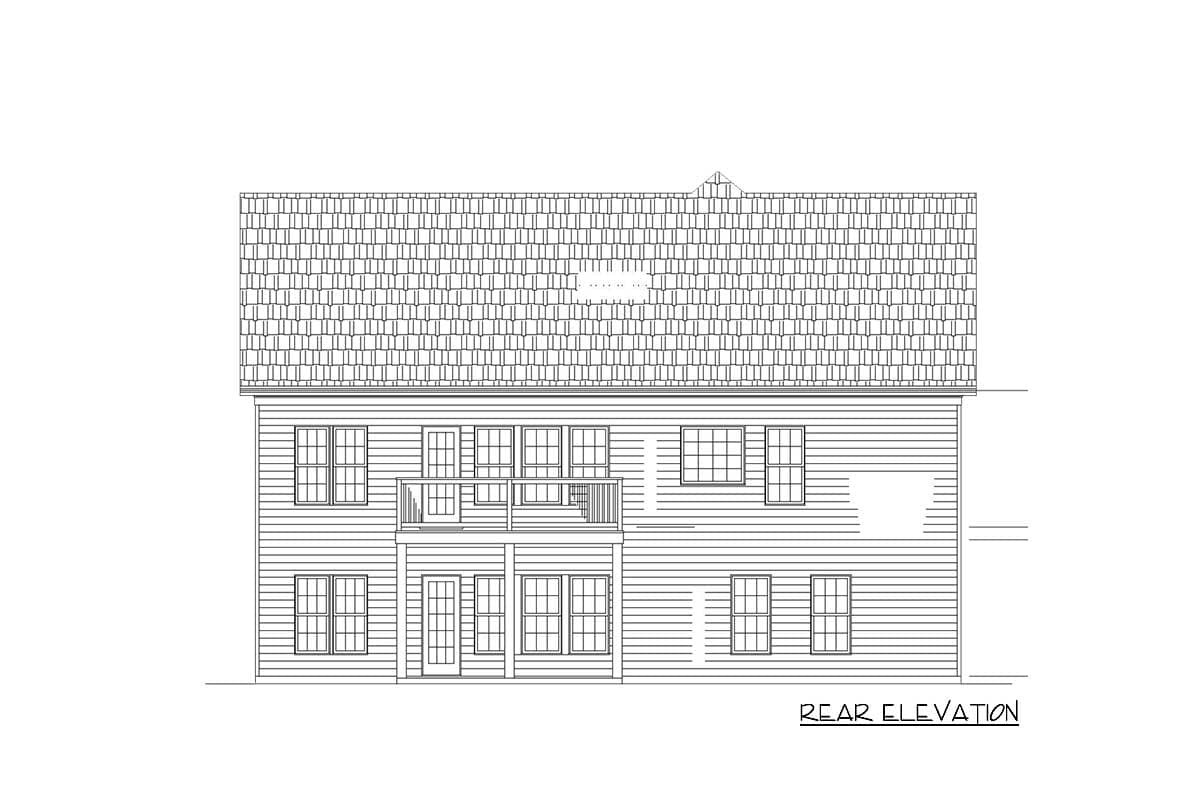 Rear elevation drawing of a two-story house with a gabled roof, multiple windows, a balcony, and double doors.