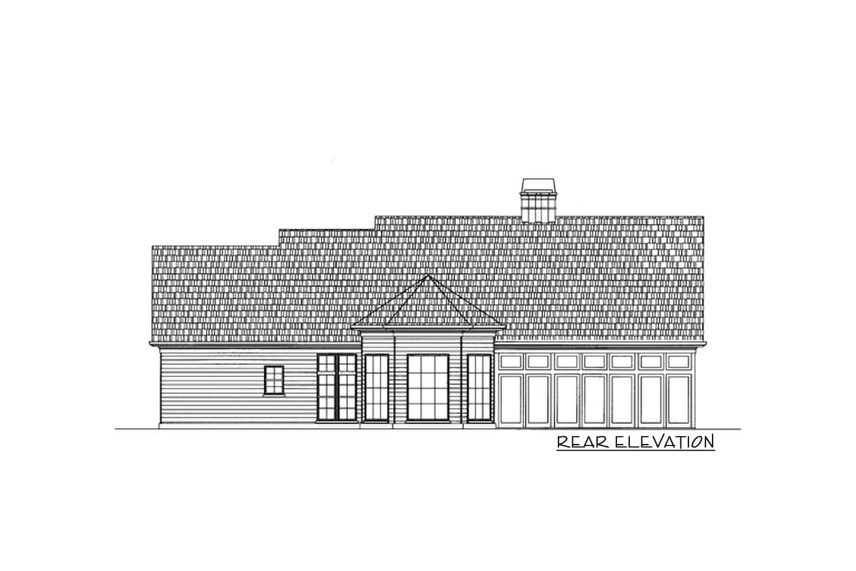 Rear elevation drawing of a house plan featuring varied rooflines, a central gable, and a series of large windows.