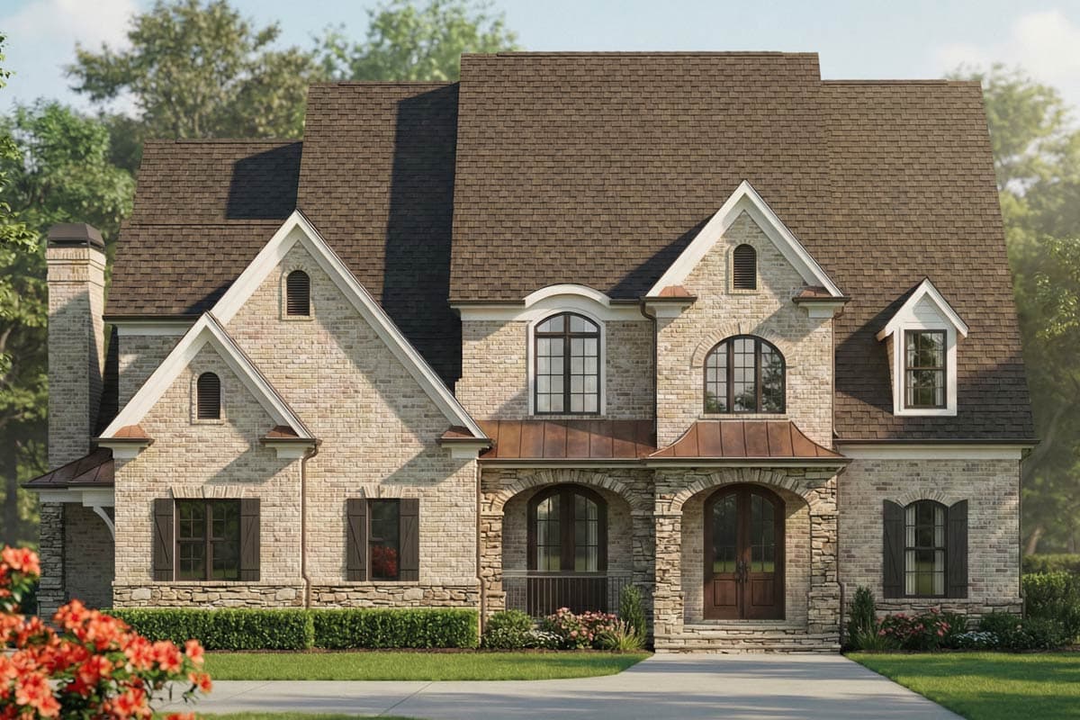 House plan exterior, multi-story brick residence with multiple gables, arched windows, and stone chimney.