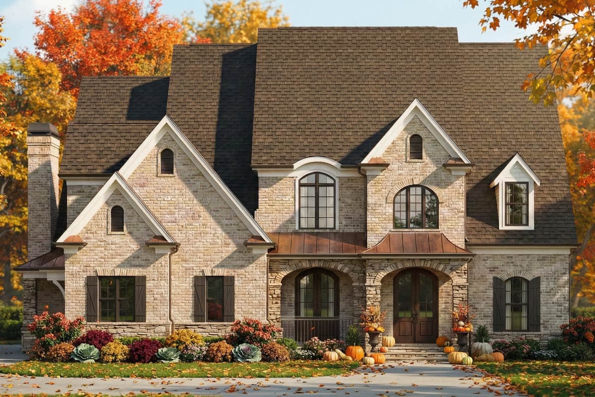 House plan exterior: Two-story home with stone and brick facade, multiple gables, arched windows, and a covered entryway.