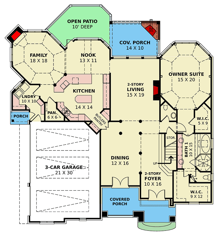 Plan 12146JL: European Luxury House Plan with 4 Bedrooms and Two-Story Great Room - Floor Plan - Main Level - European, French Country, Southern