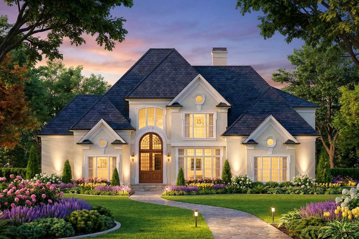 House plan exterior with arched entry, multiple gables, and numerous large windows. Two stories visible.