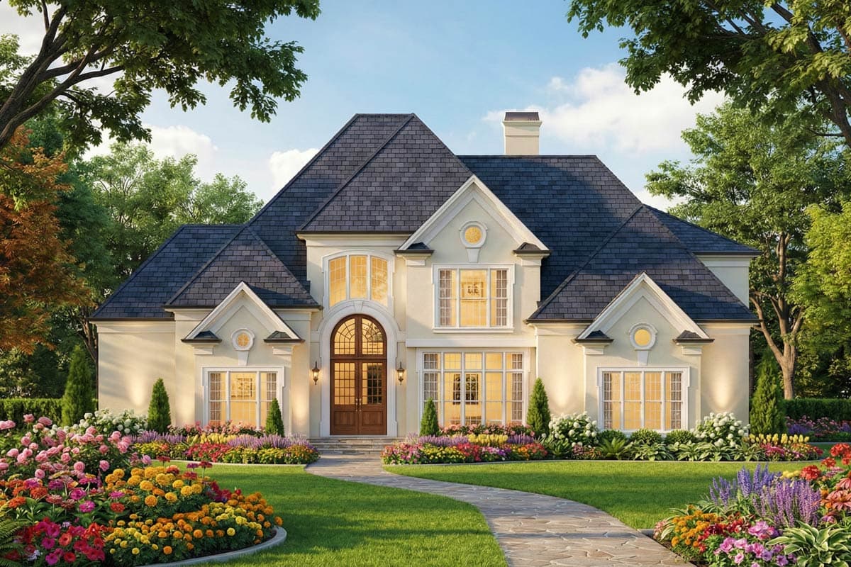 House plan exterior: Two-story brick home with prominent gables, arched entryway, and multiple bay windows.