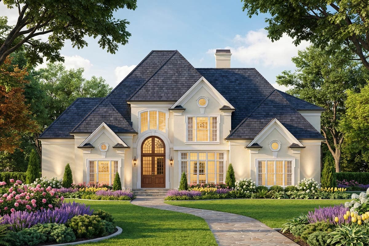 House plan side elevation drawing showing gables, arched windows, deck with stairs, and chimney.