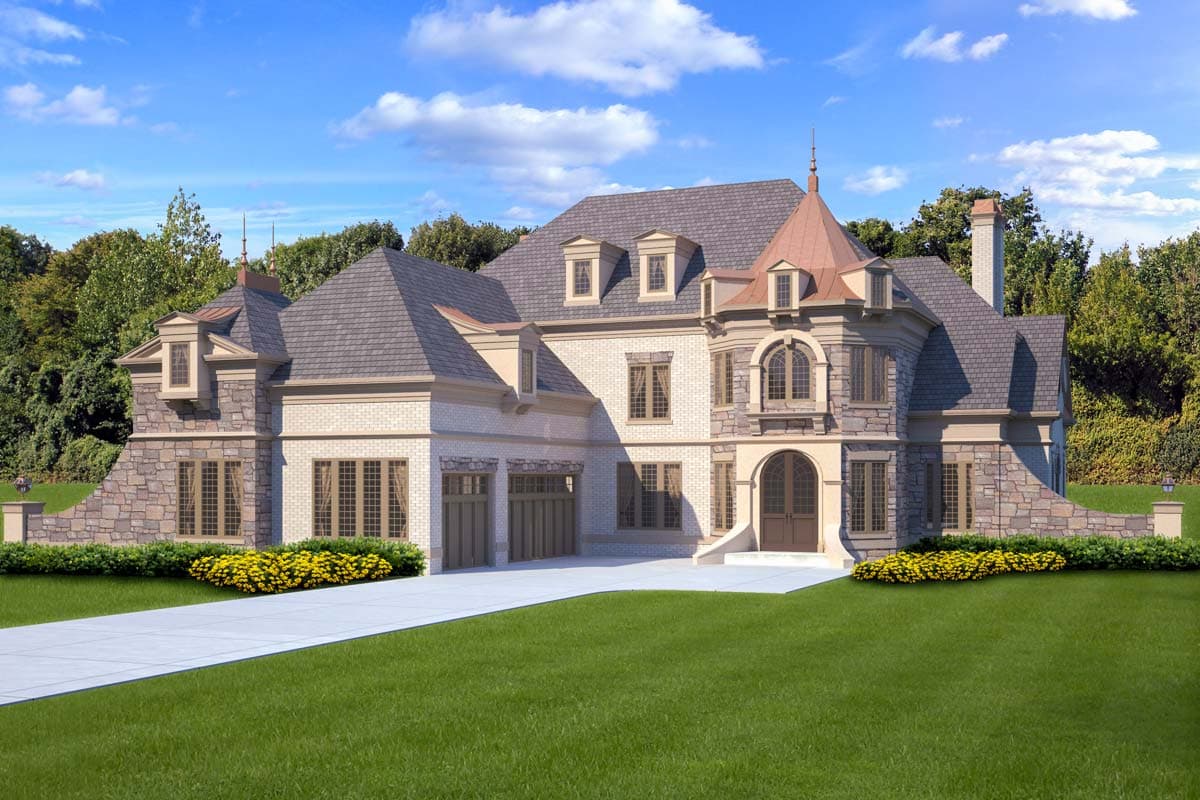 House plan exterior: French-inspired design with stone and brick facade, mansard roof, turrets, dormers, and a three-car garage.