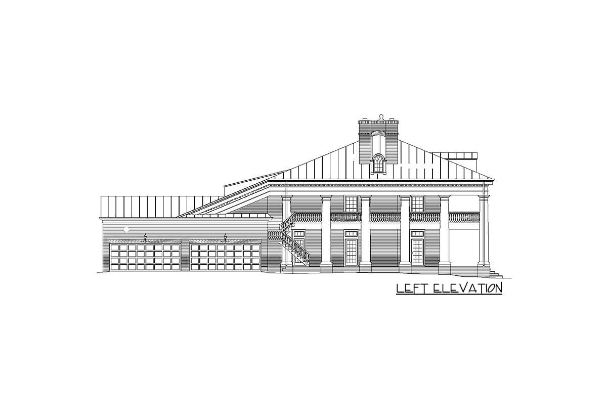 Left elevation drawing of a two-story house plan with a three-car garage, columns, and a prominent chimney.