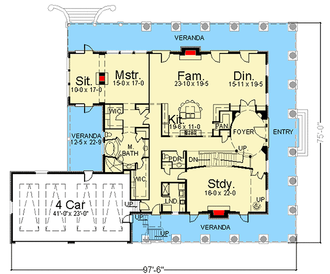 Plan 12185JL: Southern Beauty with Dual-level Wraparound Balconies - Floor Plan - Main Level - Southern, Southern Traditional