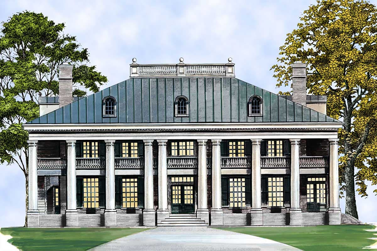Neoclassical house plan exterior. Two stories, central portico with Corinthian columns, balustrade, and mansard roof.