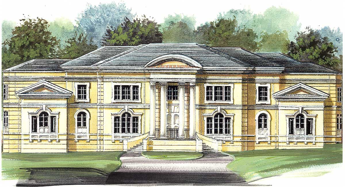 Neoclassical house plan exterior featuring a grand portico with columns, symmetrical facade, and hipped roof.