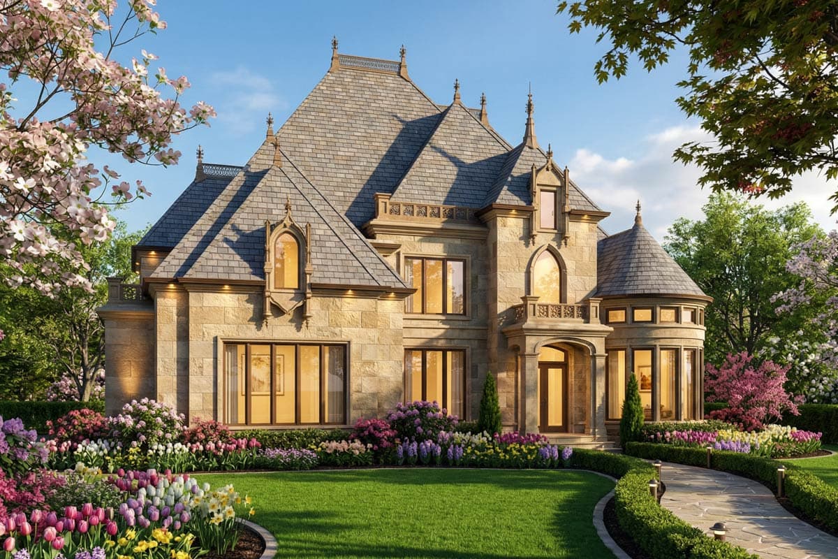 House plan exterior with multiple gables, decorative dormers, arched windows, and a central portico.