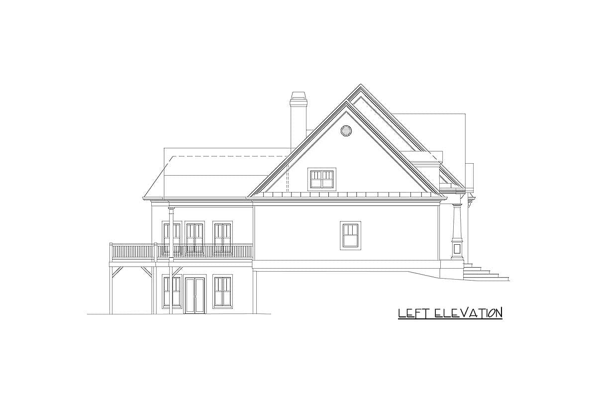 Left elevation drawing of a two-story house plan with gabled roof, dormer, porch, and deck.