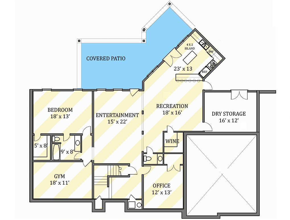 Plan 12221JL: Craftsman New American House Plan with Main-Level Master and Two-Story Great Room - Floor Plan - Lower Level - Optionally Finished Walkout Basement - Craftsman, New American, Traditional