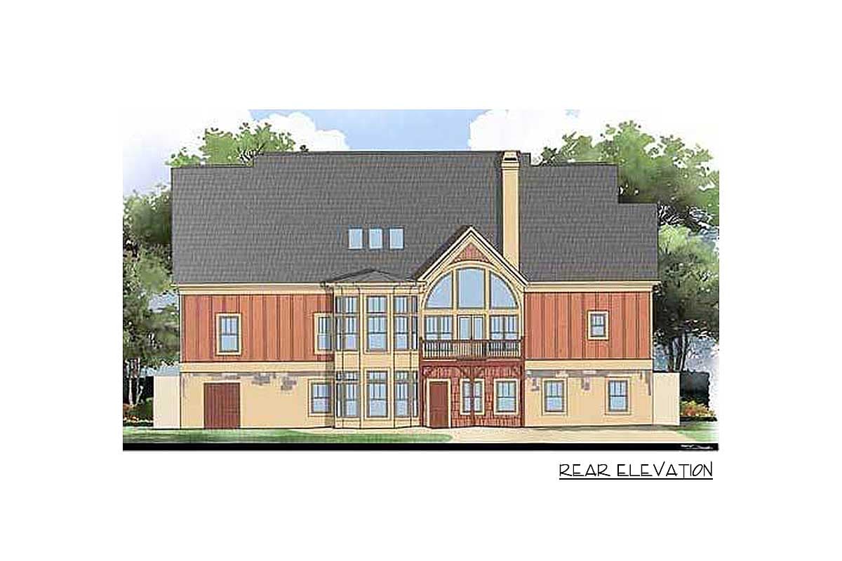 Rear elevation drawing of a multi-story house plan with a large gabled window, balcony, and dormers.