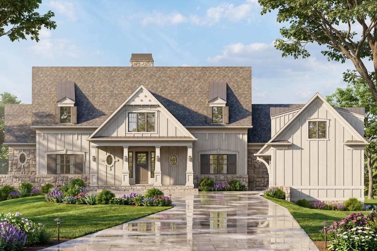 House plan exterior: One-and-a-half story home with a covered porch, stone foundation, and prominent gables.
