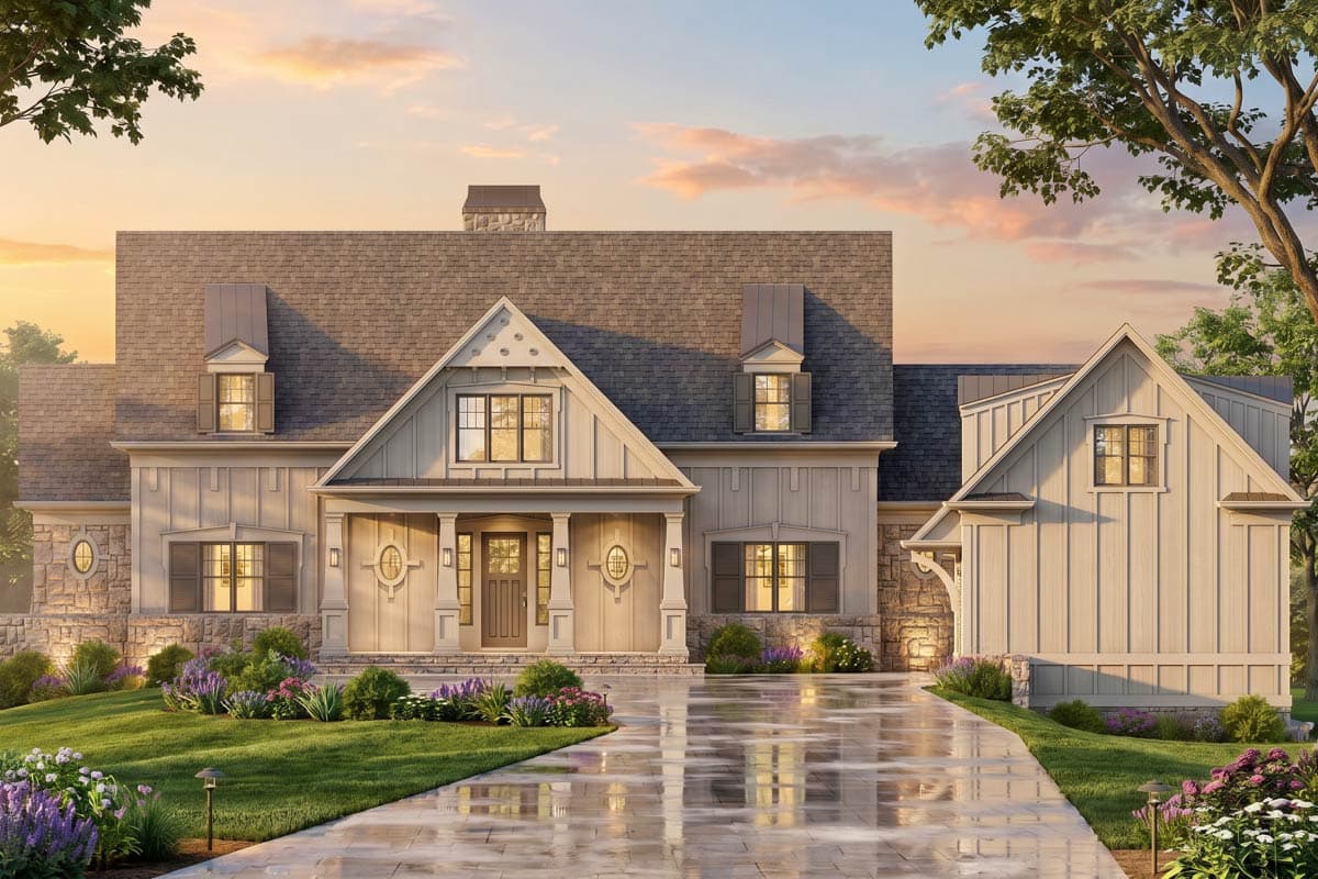 House plan exterior elevation with stone foundation, multiple balconies, and dormer windows on a steeply pitched roof.