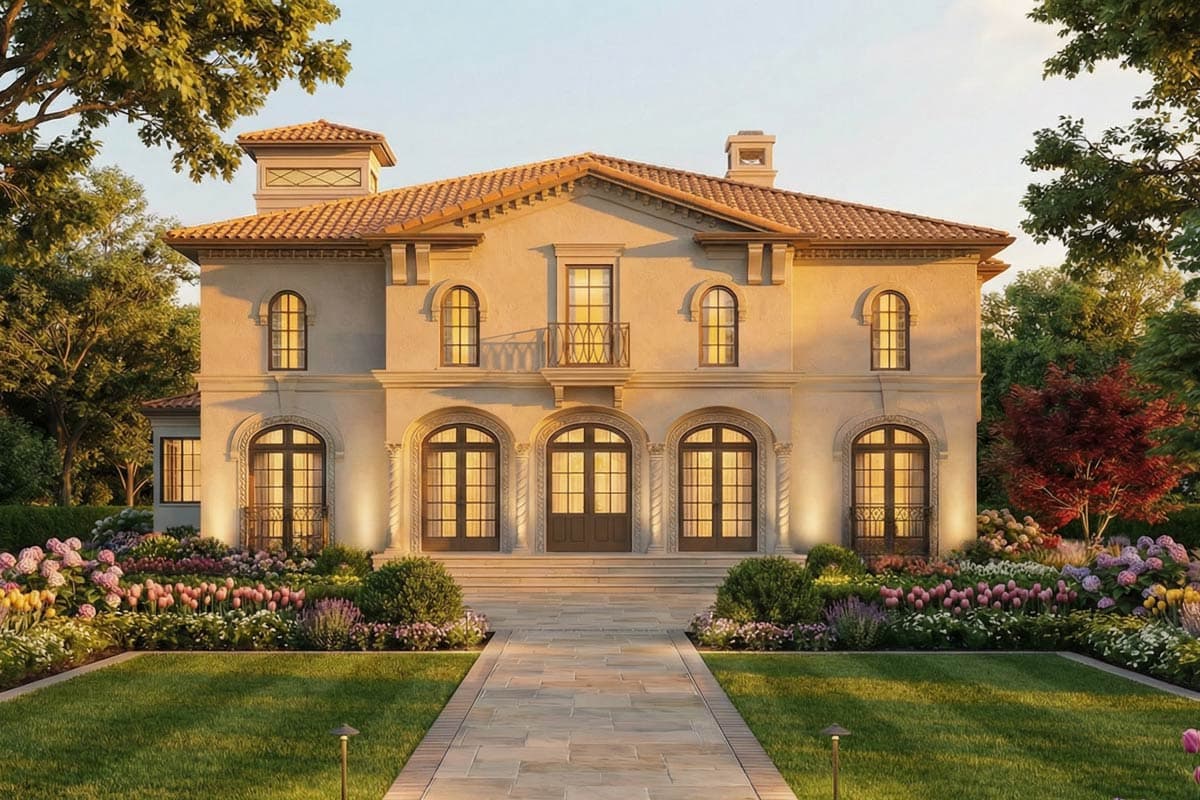 House plan exterior: Two-story Italianate style with arched entryway, tile roof, and tower.