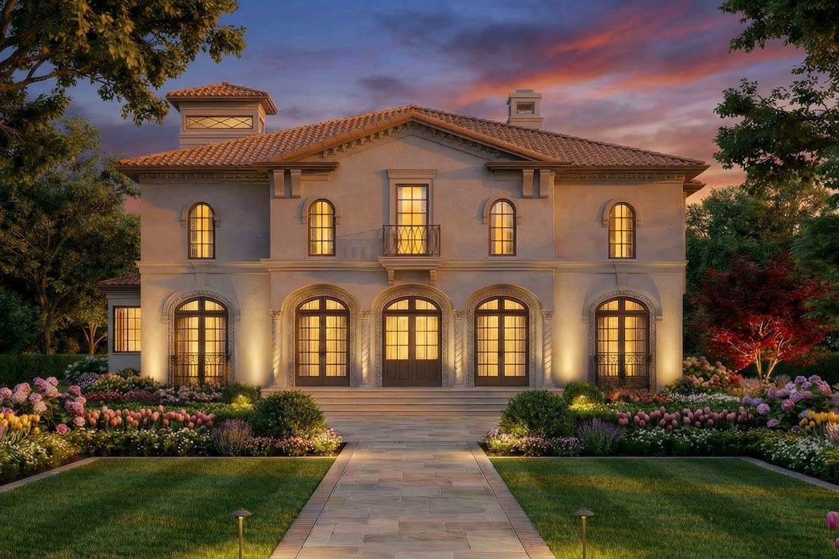 House plan exterior: Two-story Mediterranean style with tile roof, multiple balconies, and a prominent tower.