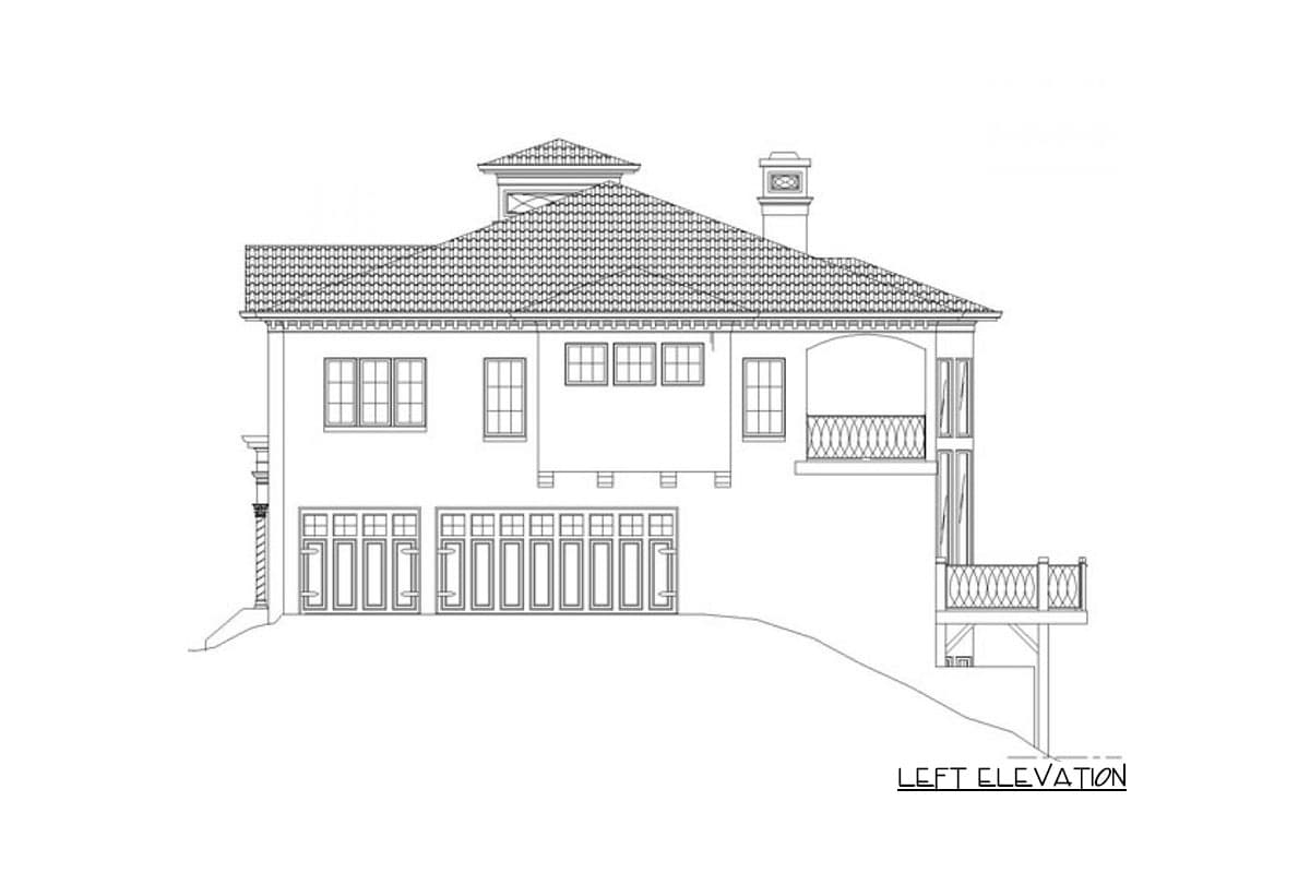 Left elevation house plan with tiled roof, arched balcony, multiple windows, and ground-level garage doors.