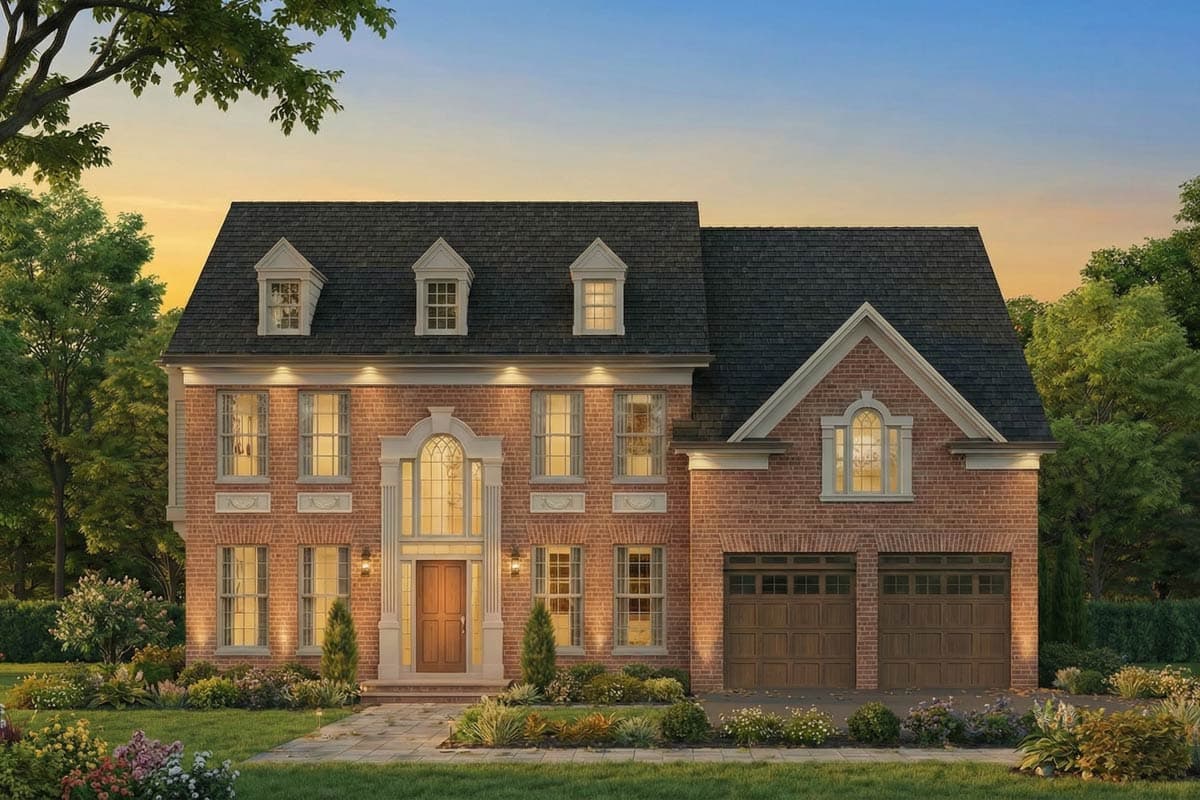 House plan exterior: Two-story brick home with a centered arched entryway, three dormers on the roof, and a side-facing two-car garage.