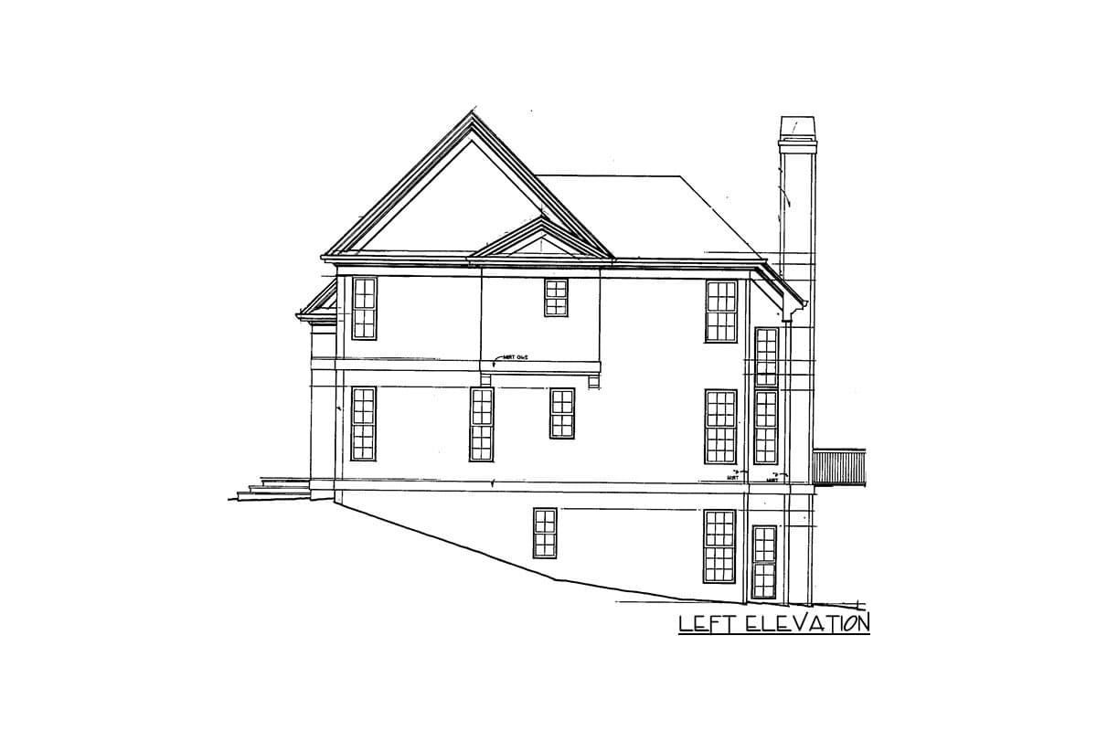 Left elevation drawing of a multi-story house plan featuring gables, multiple windows, and a chimney.