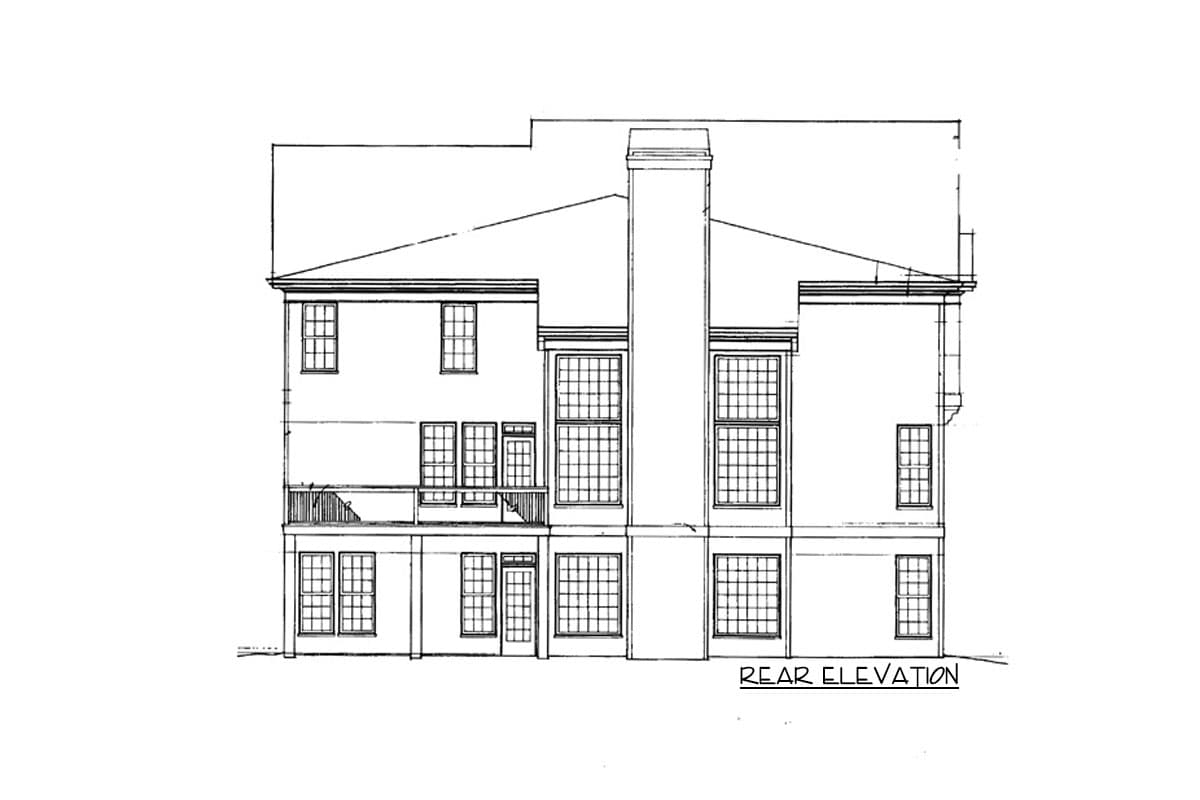 Rear elevation drawing of a two-story house plan with a prominent chimney and numerous windows.