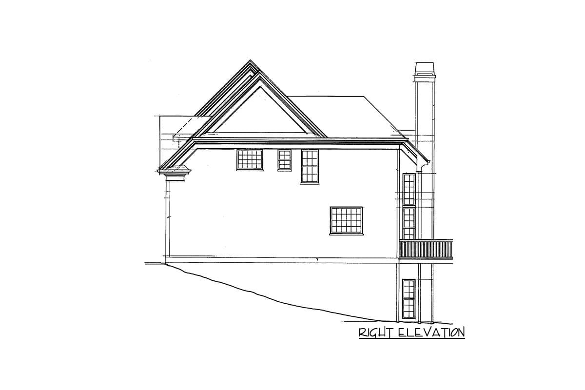 Right elevation house plan showing a gabled roof, multiple windows, a chimney, and a deck.