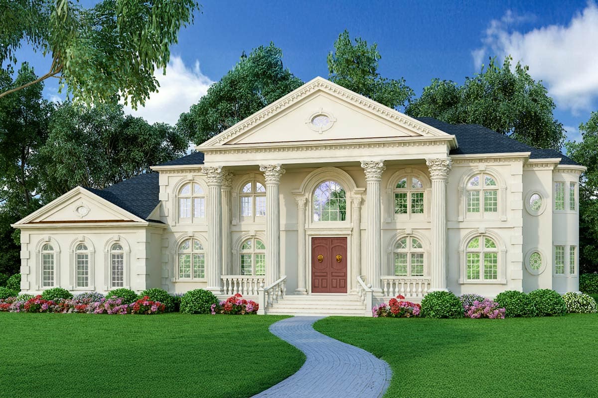 House plan exterior. Two-story Neoclassical design with prominent columns, arched windows, a pediment, and a curved walkway leading to the entrance.