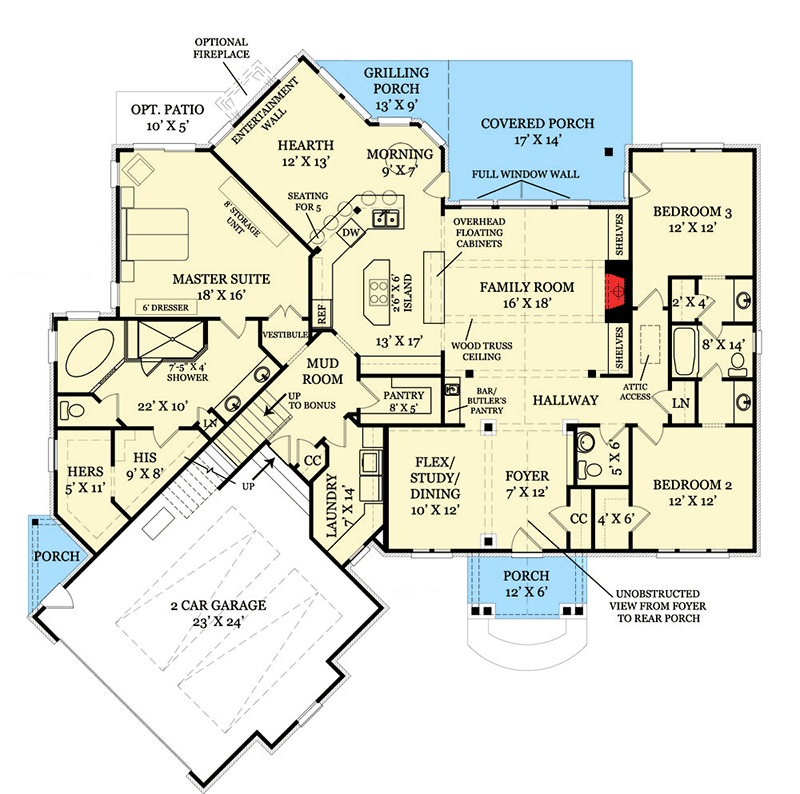 Plan 12262JL: Expandable Rustic Ranch with Angled Garage - 2404 Sq Ft - Floor Plan - Main Level - Craftsman, Mountain, Ranch