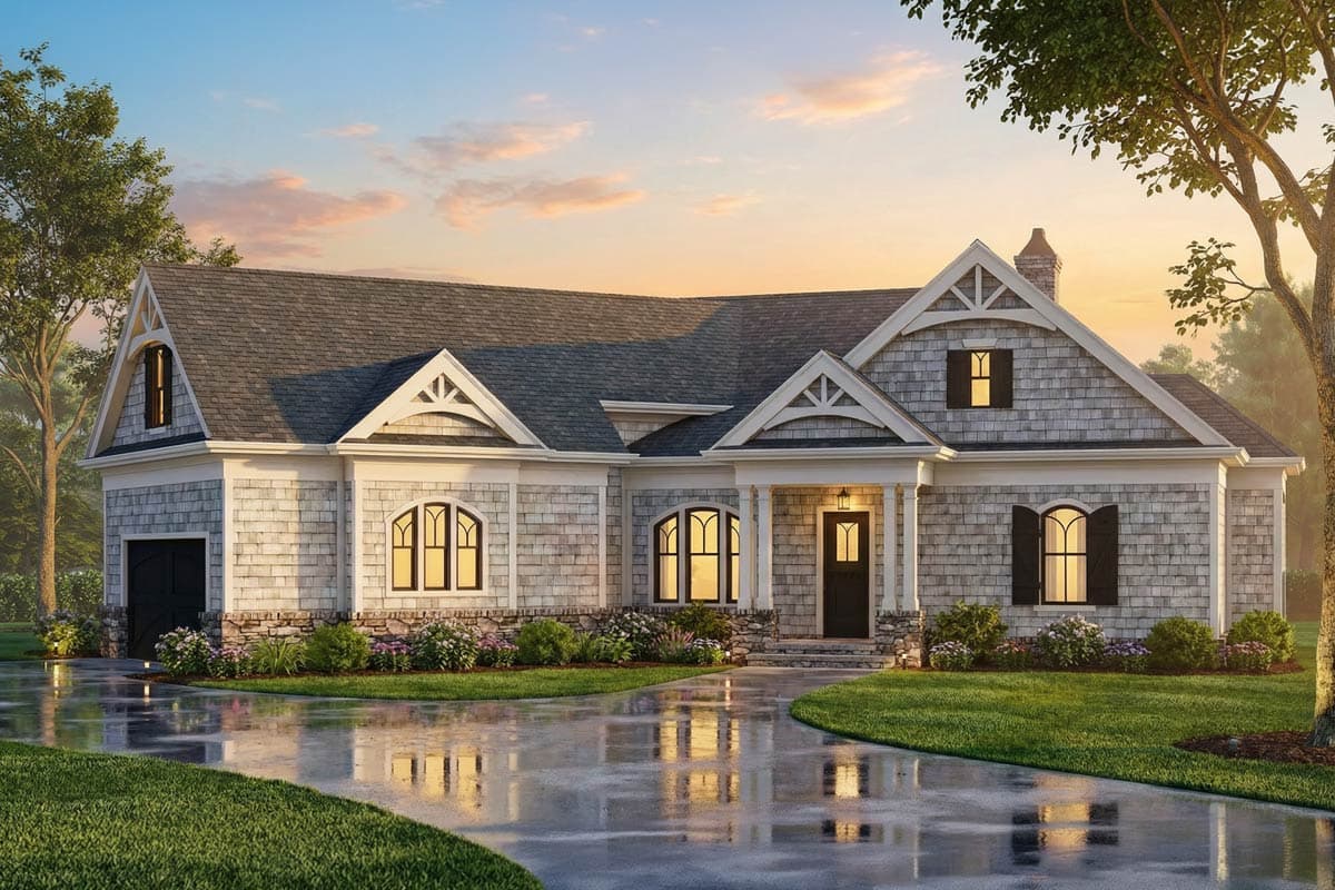 Plan 12263JL: Shingle Style Home Plan with Angled Garage and Options - 2344 Sq Ft - Image #2 - Craftsman, Northwest, Ranch, Shingle