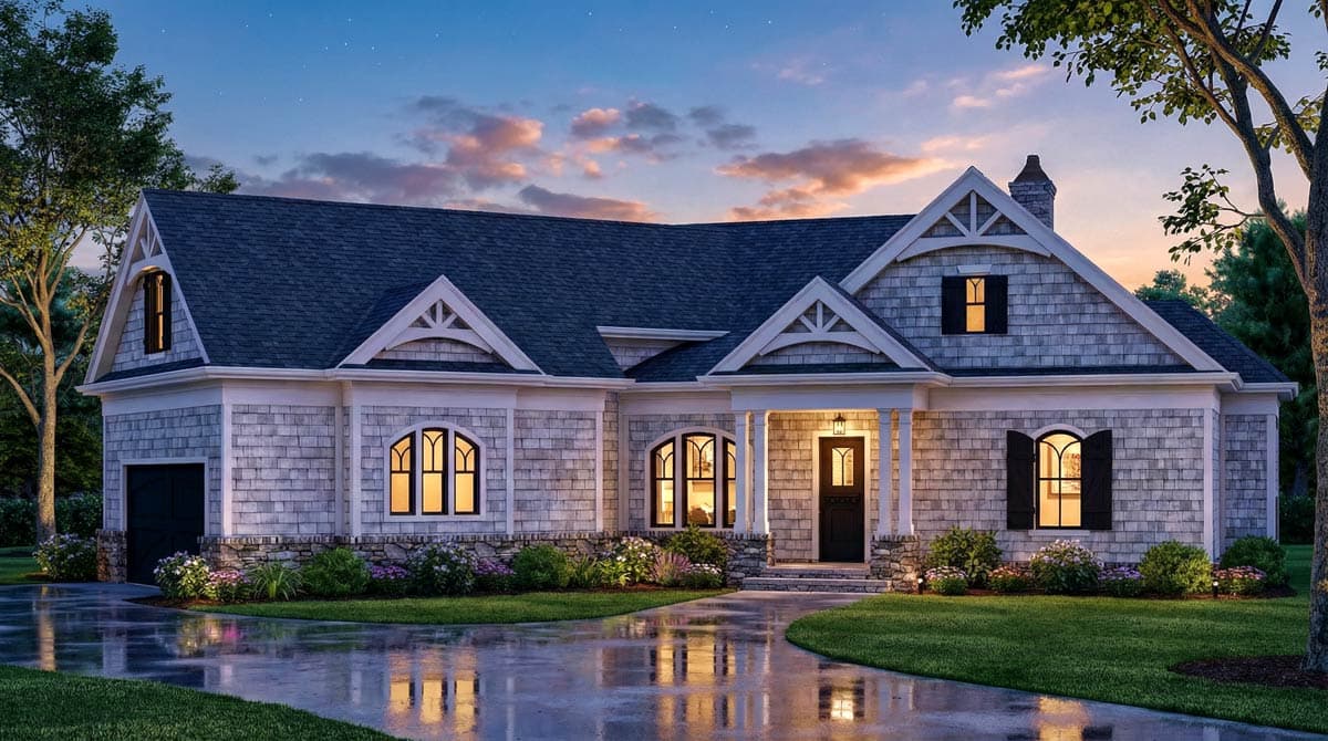 House plan exterior: one-story Modern Farmhouse with shingle siding, stone foundation, gabled dormers, and covered entry.