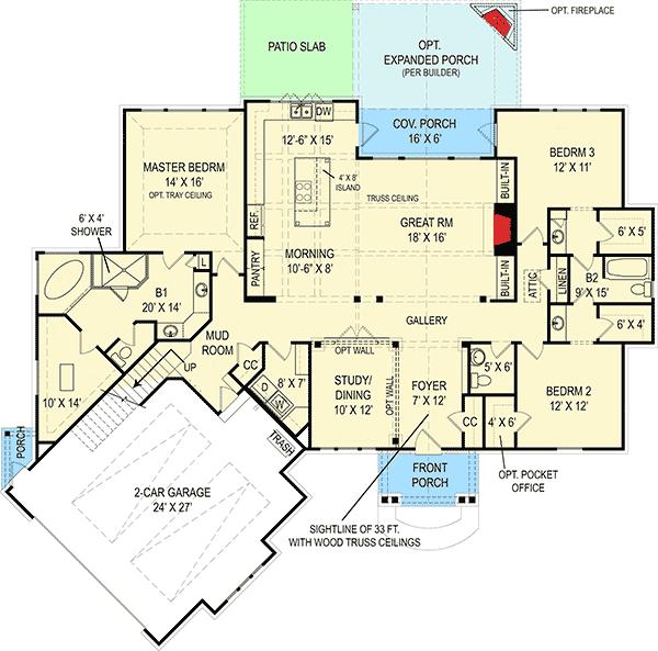 Plan 12263JL: Shingle Style Home Plan with Angled Garage and Options - 2344 Sq Ft - Floor Plan - Main Level - Craftsman, Northwest, Ranch, Shingle