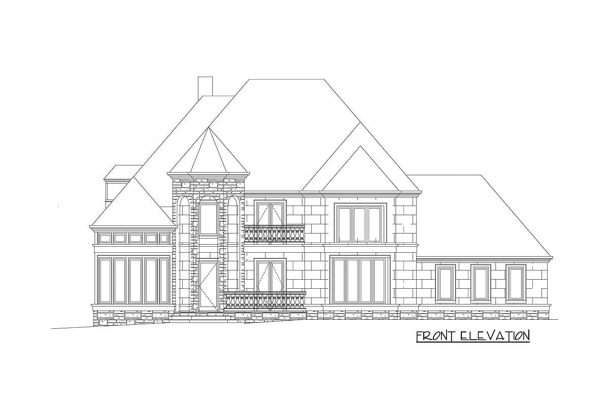 Front elevation drawing of a house plan with stone accents, multiple gables, balconies, and large windows.