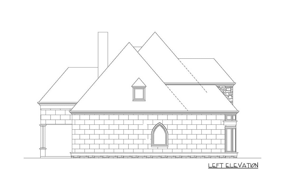 Left elevation house plan showing multi-level rooflines, dormer window, stone accent, and arched doorway.