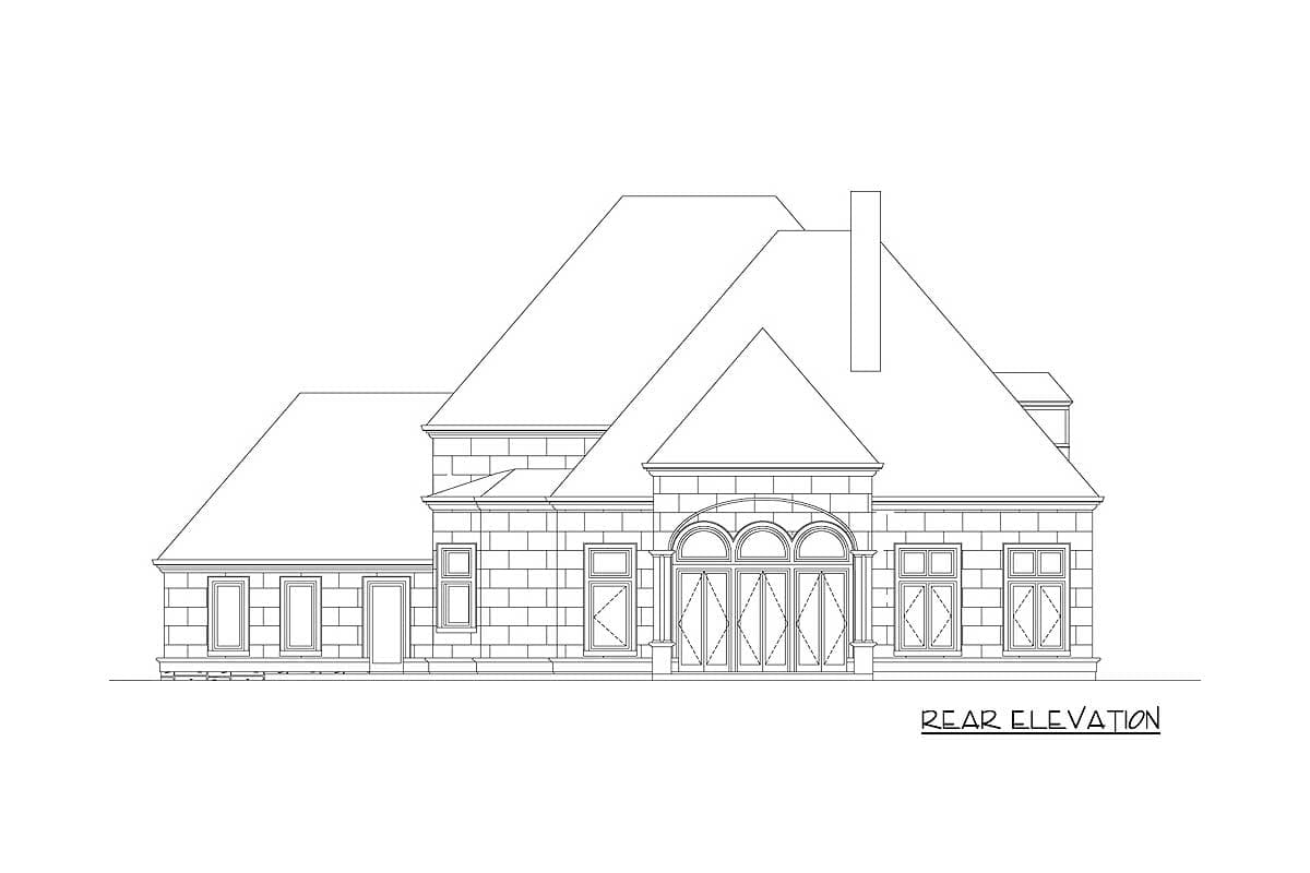 Rear elevation drawing of a house plan featuring a prominent central gable, arched French doors, and multiple windows.