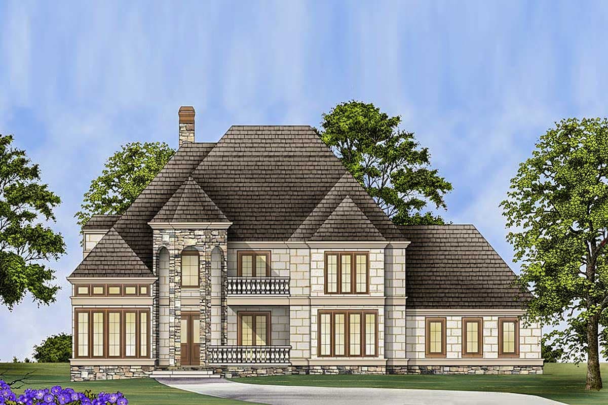 House plan exterior: Two-story home with stone accents, multiple gables, prominent chimney, and second-story balconies.