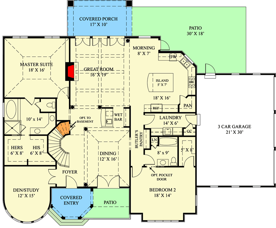 Plan 12264JL: Elegant Home Plan with 2 Master Suites - 3308 Sq Ft - Floor Plan - Main Level - European