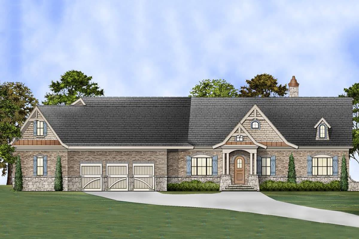 House plan exterior of a one-story dwelling with a brick and stone facade, featuring a three-car garage, prominent gables, and dormer windows.