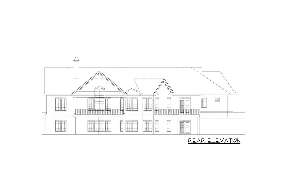 Rear elevation drawing of a house plan featuring multiple gables, a second-story balcony, and numerous windows.