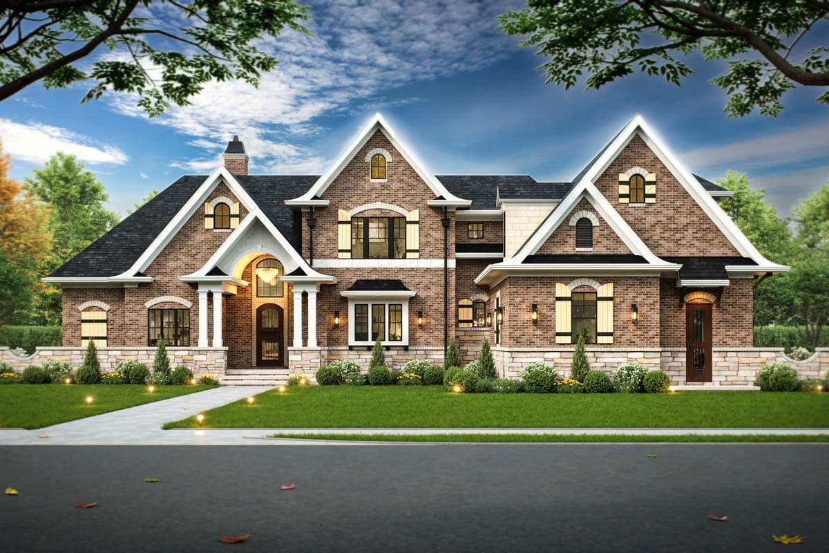 House plan exterior featuring a two-story brick home with multiple gables, arched windows, shutters, and a covered front porch with columns.