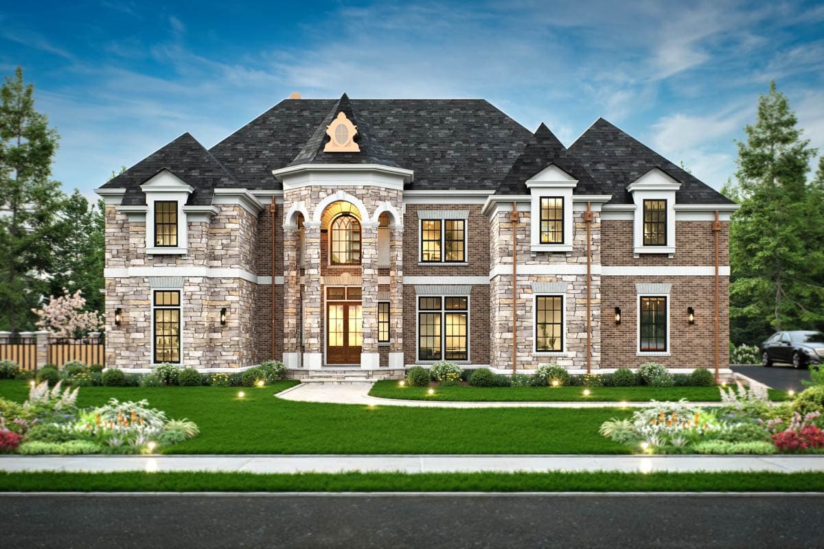 House plan exterior: two-story French Renaissance style with mansard roof, prominent central gable, and arched entry.