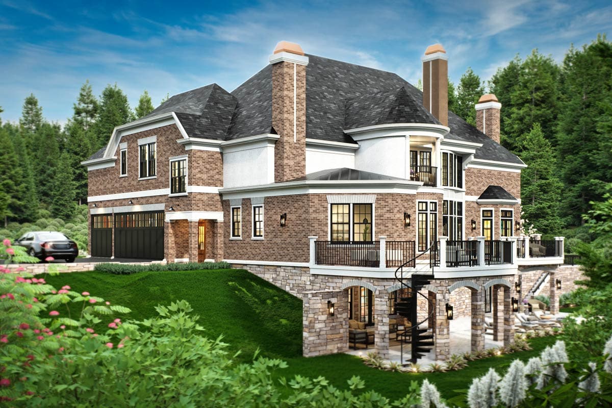 House plan exterior: Two-story brick home with dual garage doors, multiple gables, arched lower level, and spiral staircase.