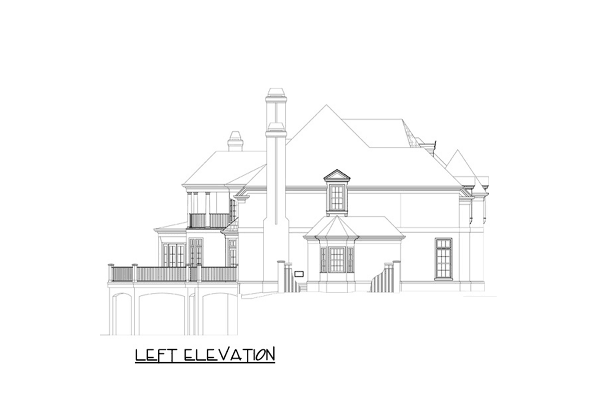 Left elevation drawing of a house plan featuring multiple gables, a prominent chimney, and two balconies.