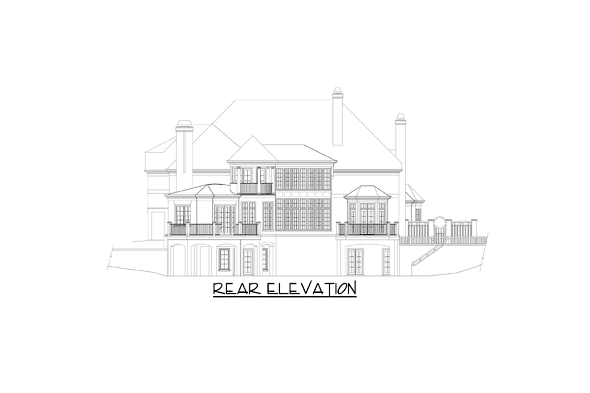Rear elevation drawing of a large house with multiple balconies, arched doorways, and tall windows.