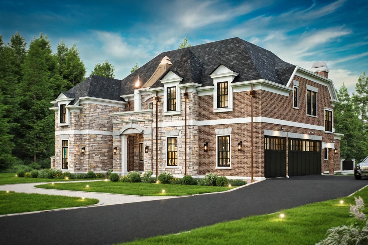 House plan exterior, two stories, brick and stone facade, arched entryway, dormers, and a three-car garage.