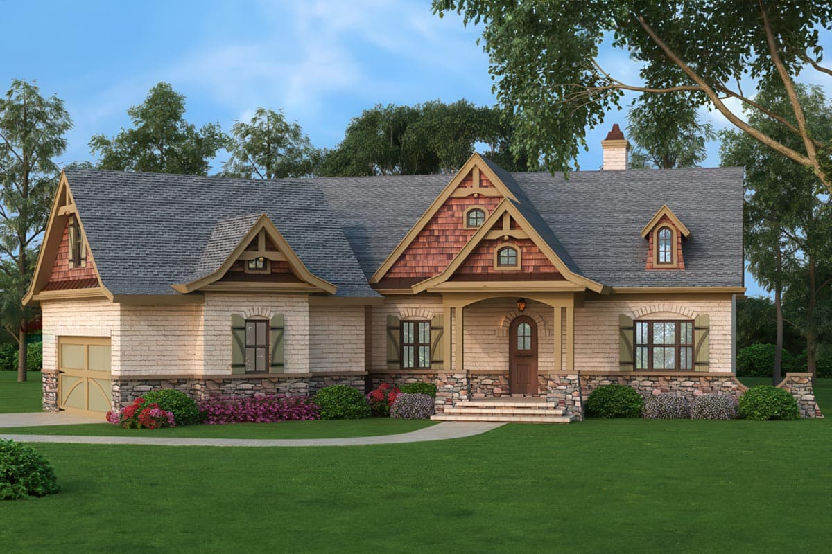 House plan exterior. Craftsman style, one-story home with gables, dormers, and a covered porch. Features include stone accents and a detached garage.