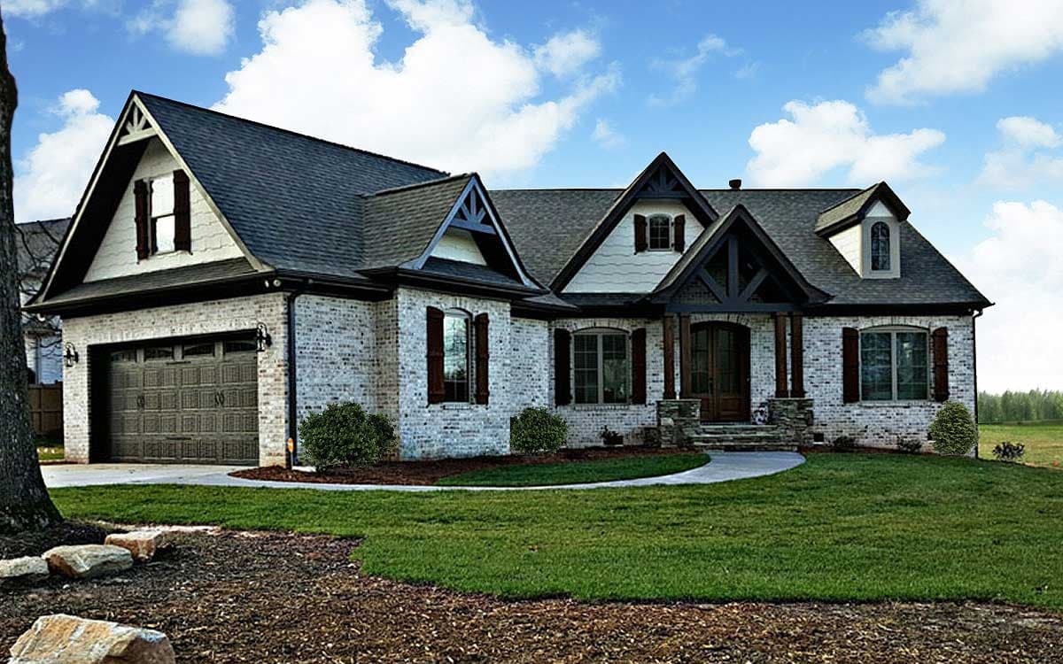 Modern Farmhouse house plan exterior with white brick, gables, dormers, covered entry, and side-facing garage.