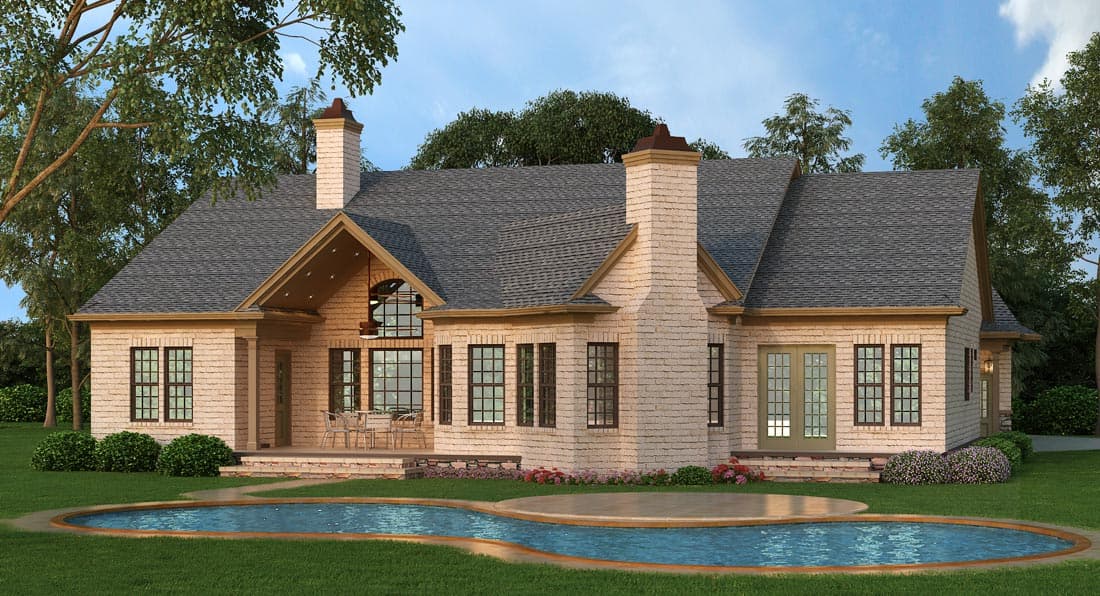 House plan exterior: Ranch style, one story, with dual gables, stone chimney, and large arched windows.